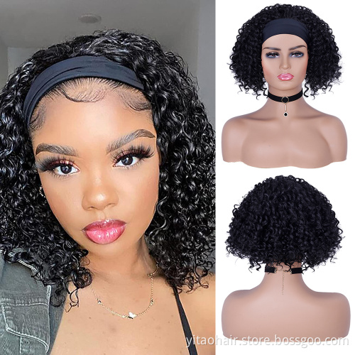 Wholesale price High quality  Natural black color Short Curly synthetic headband Bob wigs for black women